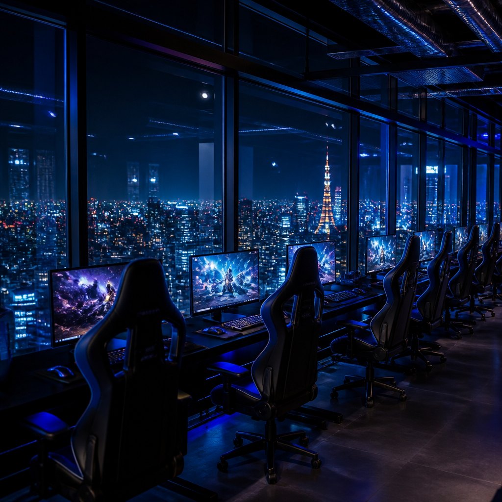 Gaming station beside a tall rooftop window with the night sky beyond
