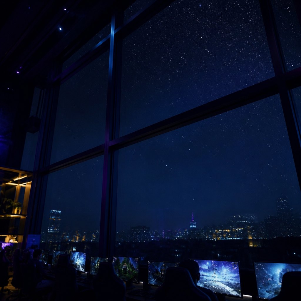 Wide view of the rooftop club floor with stars visible through the panoramic glass